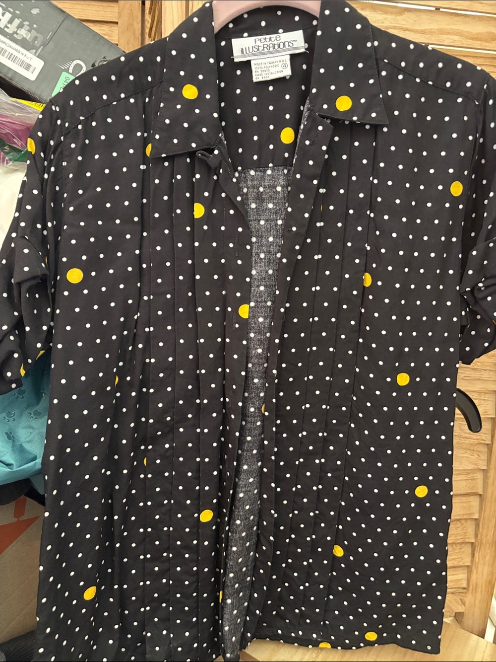 Black Polka Dot Short-Sleeve Shirt with Yellow Accents 4P